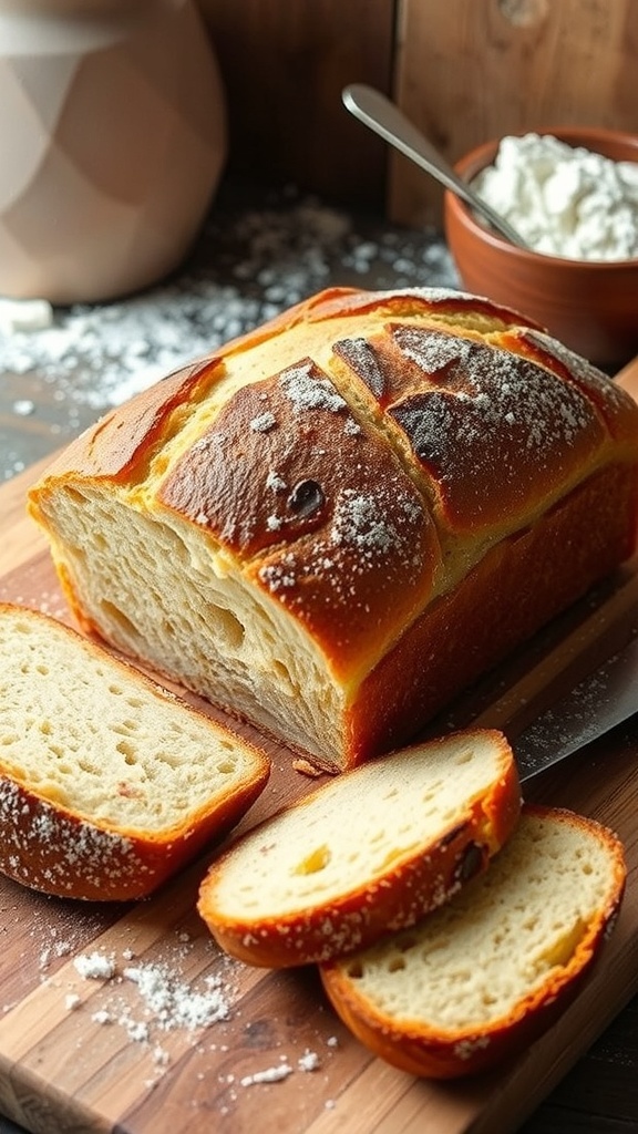 Freshly baked homemade bread loaf on a cutting board with slices cut beside it.